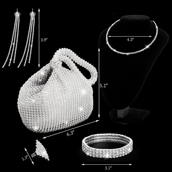 Jewelry Set Silver Rhinestone Purse Necklace Earrings Bracelet Ring Women - Picture 2 of 6